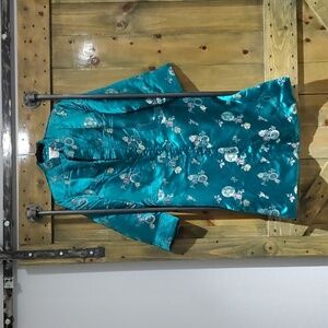 Asian PEONY SHANGHAI CHINA Oriental long coat, dress, kimono floral Frog Closure